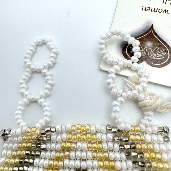 Handmade Mayan Beaded Bracelet Geometric Gold White Pattern Adjustable Closure - Picture 6 of 9